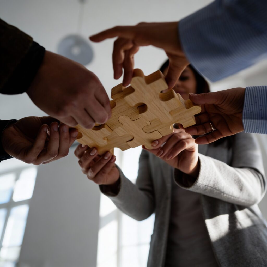 Manos de varias personas encajando piezas de un puzzle de madera