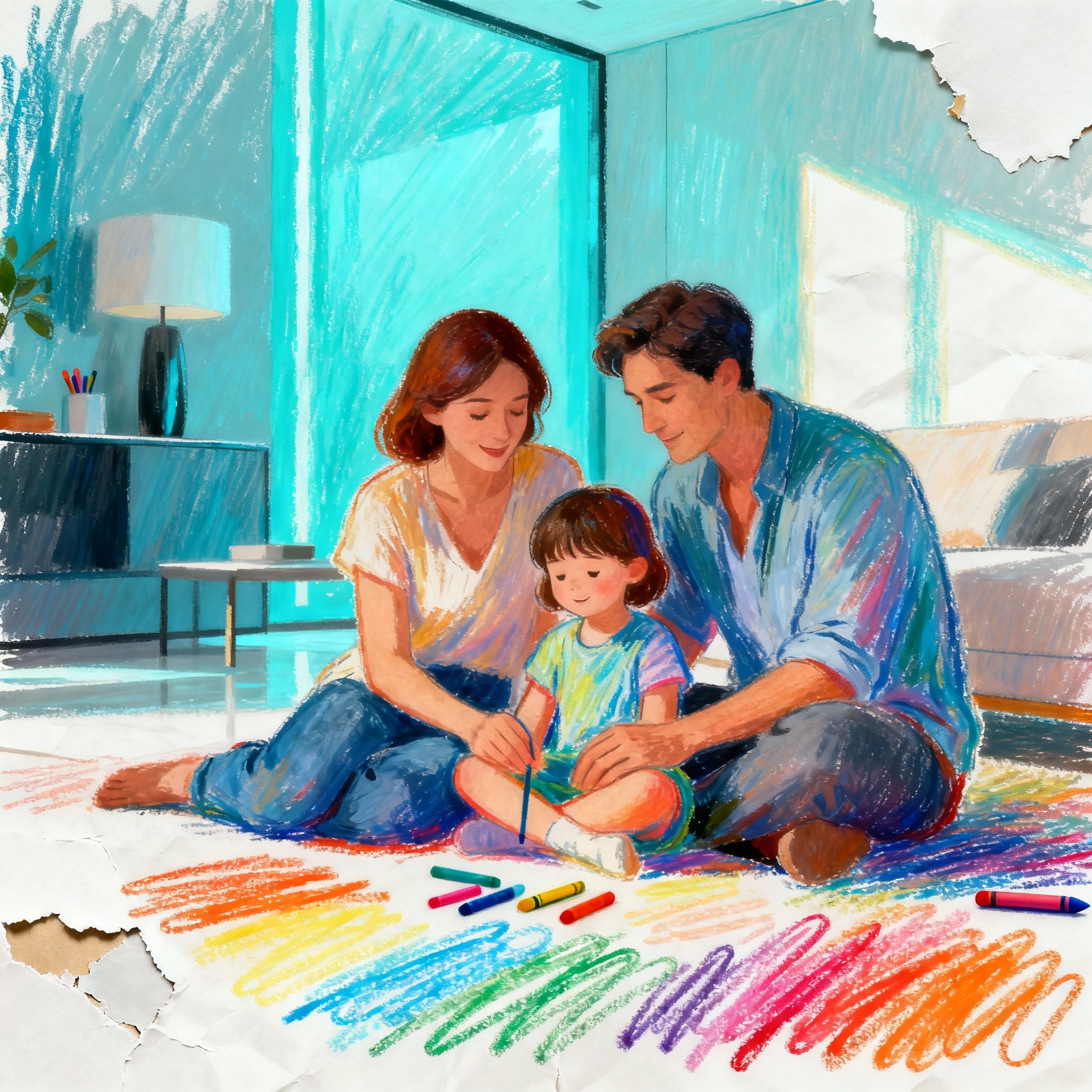 Familia realizando ejercicios de regulación emocional infantil en un entorno seguro