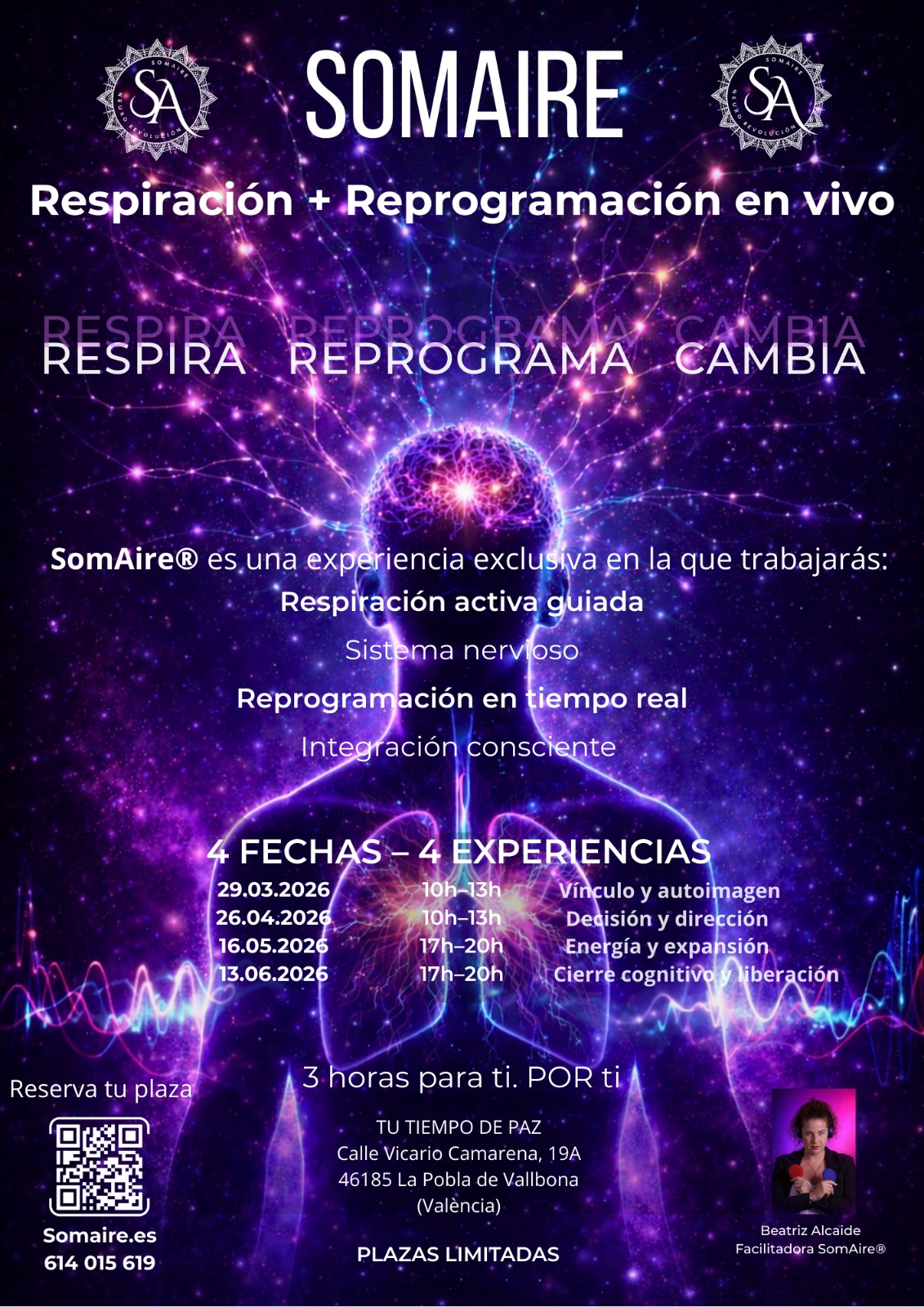 Cartel de cuatro experiencias SomAire® de respiración y reprogramación en vivo