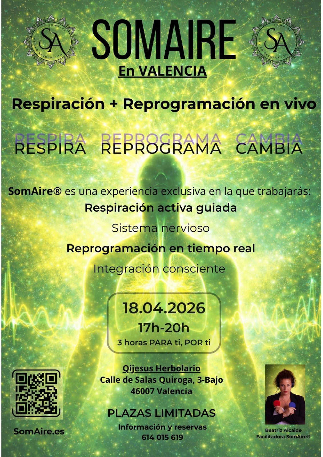 Evento SomAire® de respiración y reprogramación en Valencia el 18 de abril de 2026